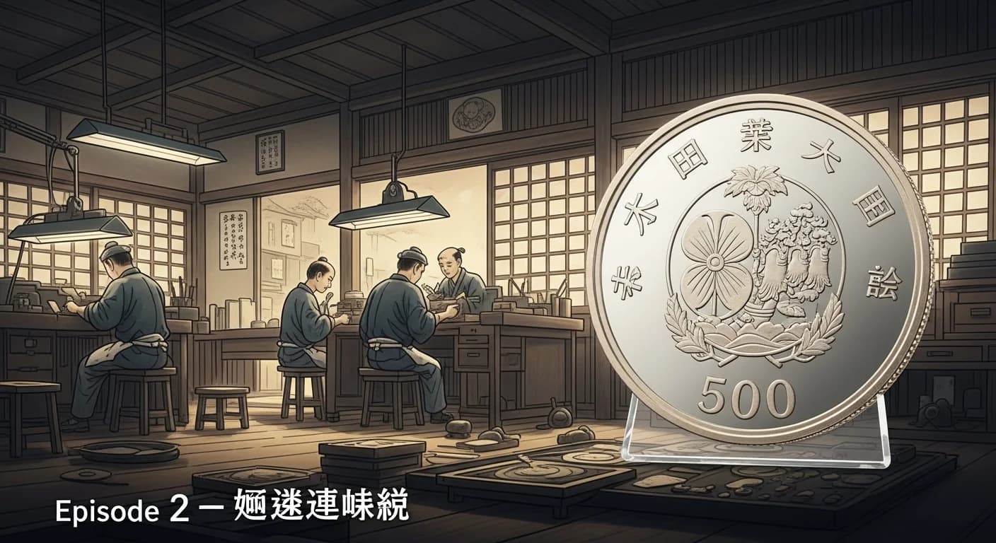 バイカラー・クラッド500円硬貨の断面図。外周の白銅と内円のニッケル黄銅の境界が明瞭に見える