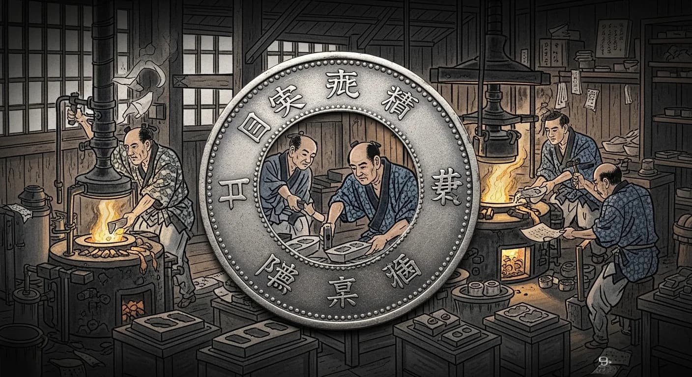 江戸時代の銀座での丁銀鋳造風景を描いた想像図。職人たちが銀塊を溶かし、型に流し込み、槌を打っている様子。
