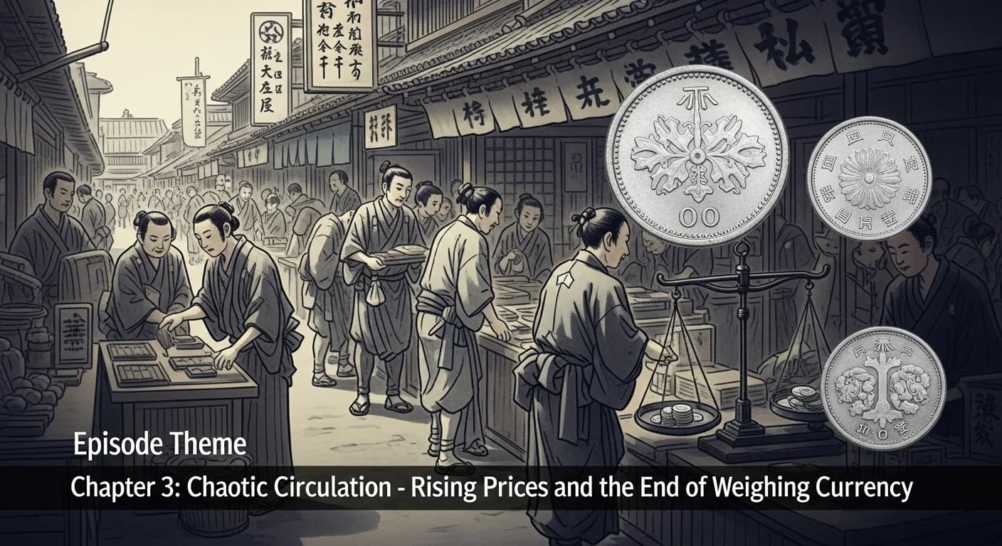 江戸時代の市場の風景。人々が商品を売買し、貨幣を秤で量っている様子。