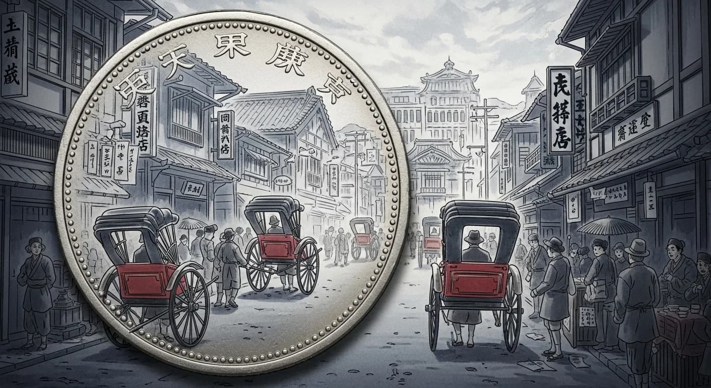 明治時代初期の日本の風景。西洋式の建物が立ち並び、人力車が行き交う近代的な街並み。