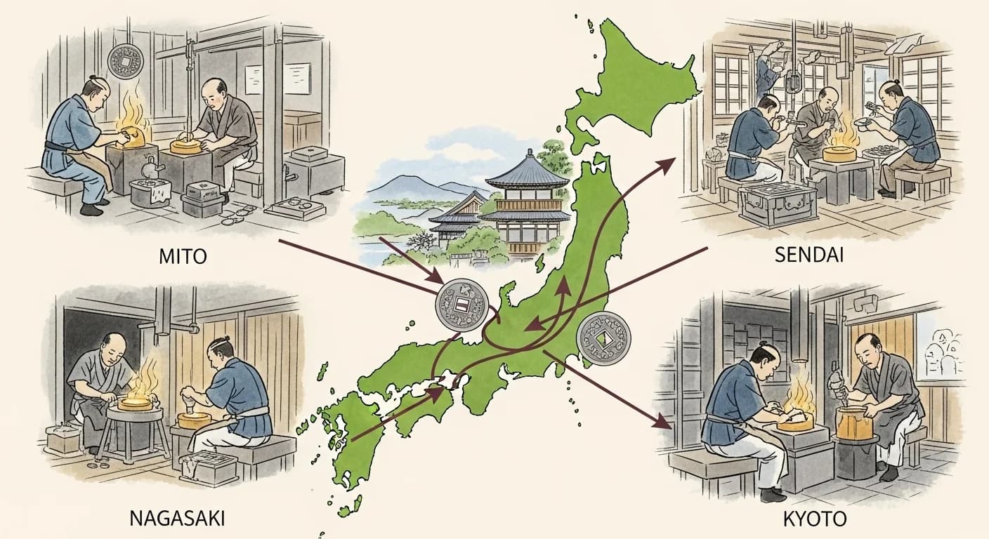 各地の銭座 — 水戸から始まった寛永通宝の鋳造が全国の諸藩銭座に広がった様子