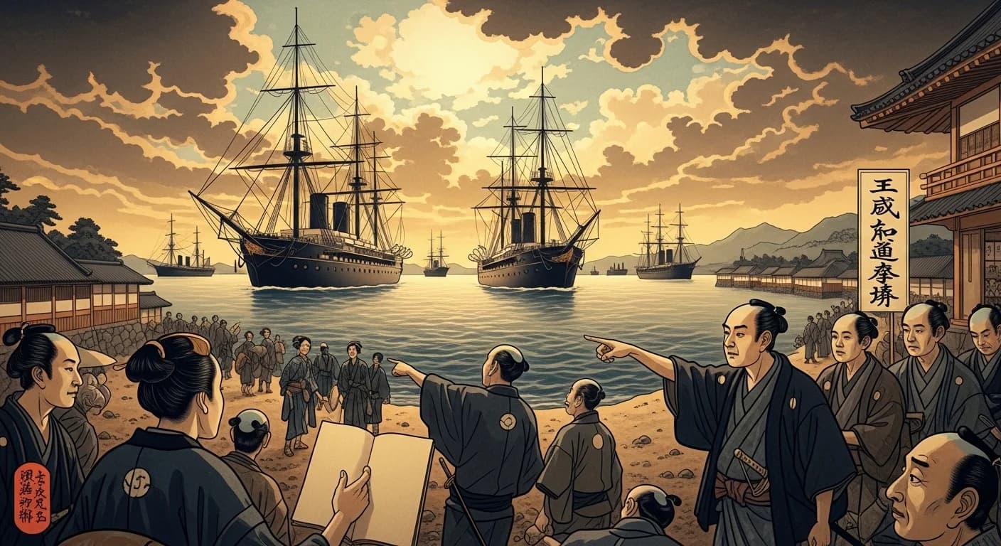 嘉永6年（1853年）のペリー来航を描いた錦絵。黒船が江戸湾に現れた瞬間を表現している