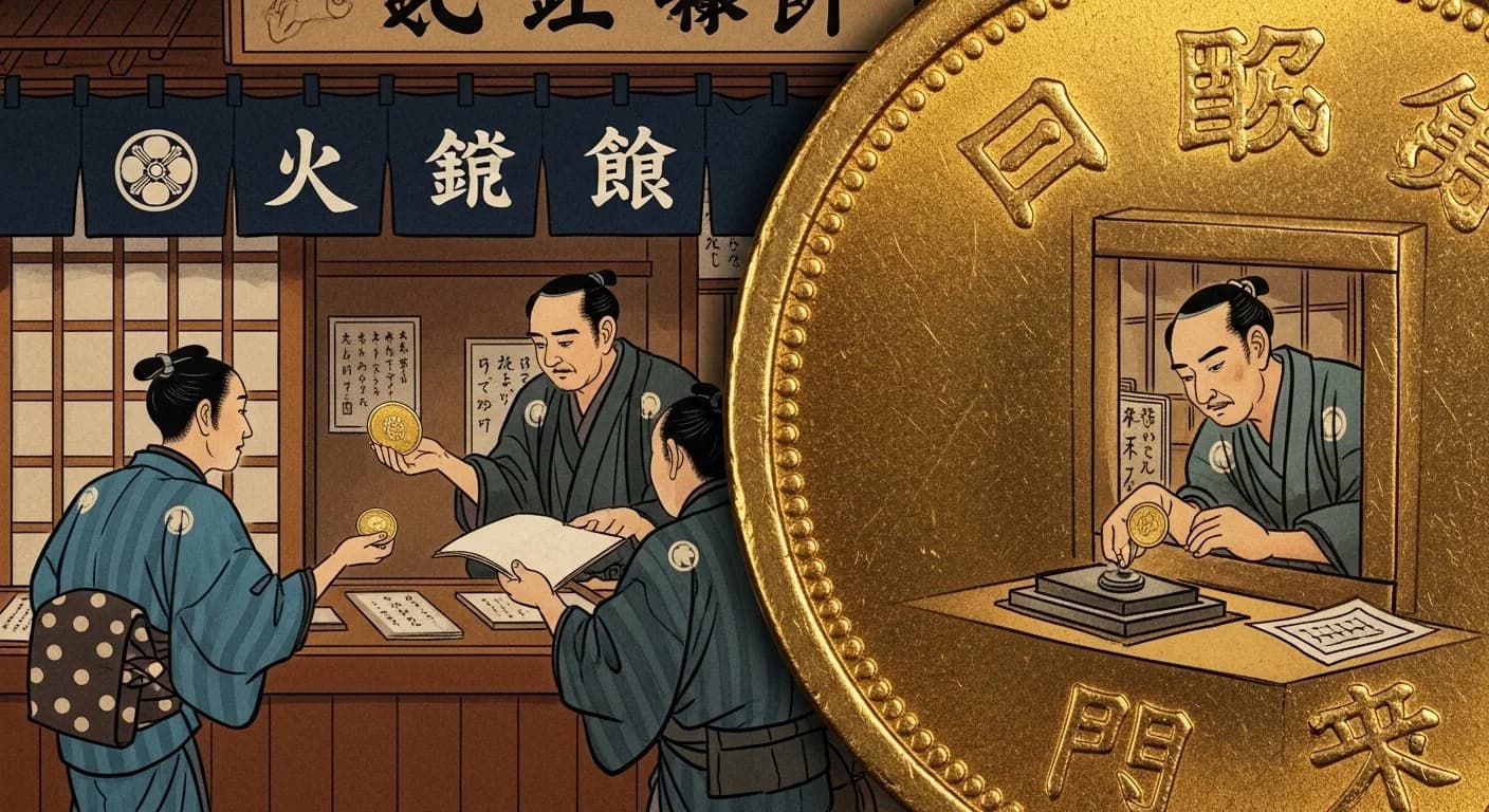 江戸の両替屋の店先。客が新しい二分判金を持ち込み、店主が試金石で検査している場面