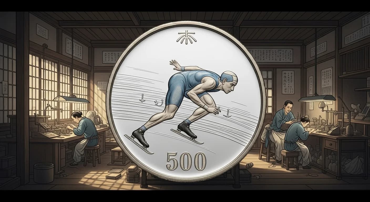 スキージャンプ記念500円硬貨の拡大写真。ジャンパーが空中を飛ぶ瞬間が精密に刻まれている