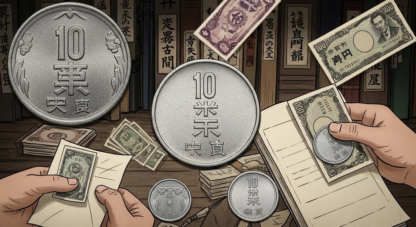 戦後の混乱期に流通する様々な貨幣。人々の生活の変化を象徴する。