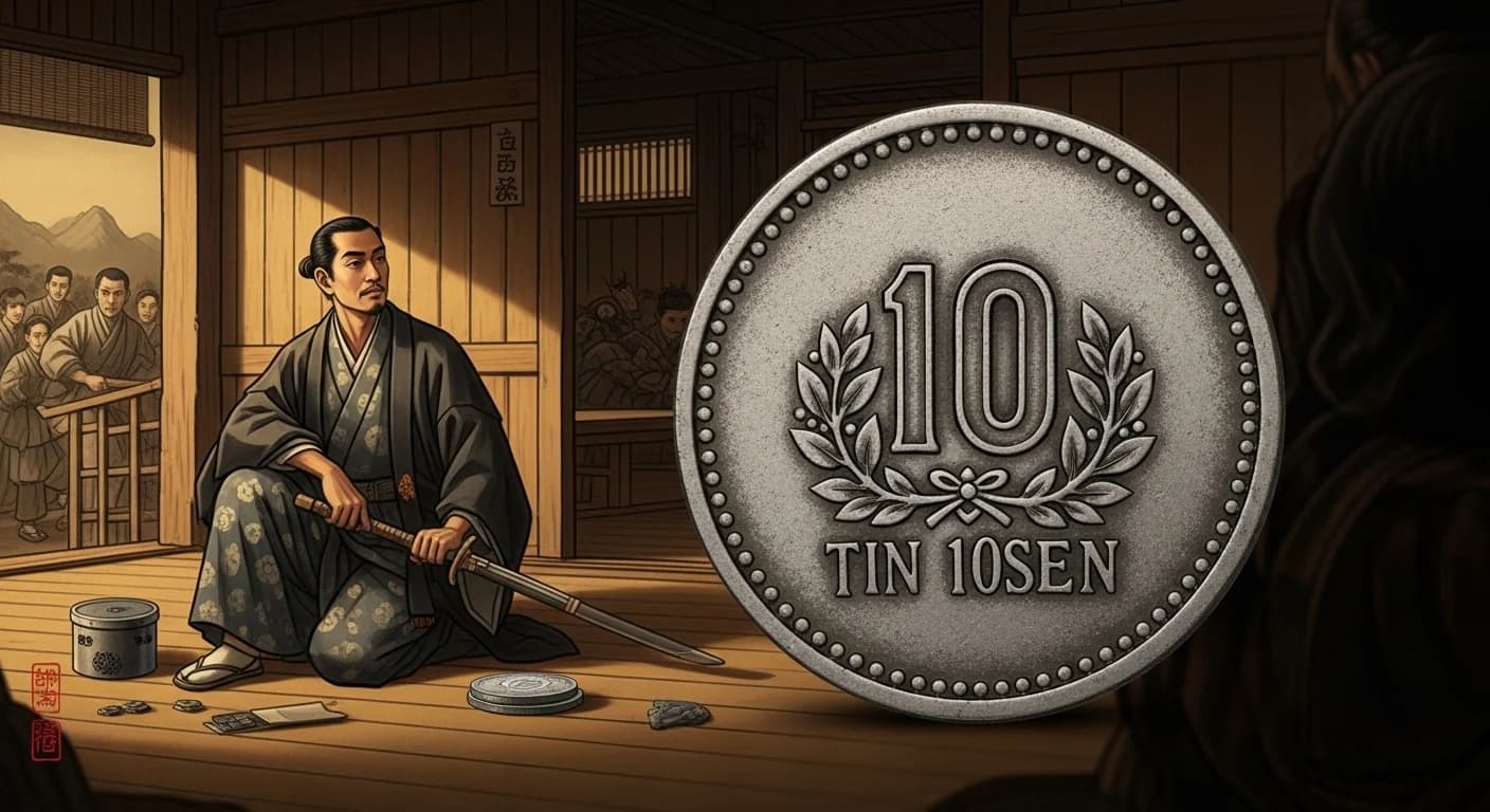 グレーディングホルダーに入った昭和19年錫10銭貨の美品。表面の錫特有の銀白色が保たれている