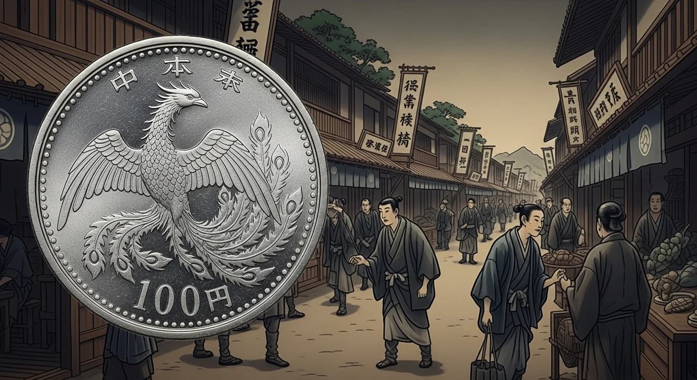 昭和34年（1959年）以降の鳳凰図案100円銀貨。平等院鳳凰堂の鳳凰をモチーフにしている