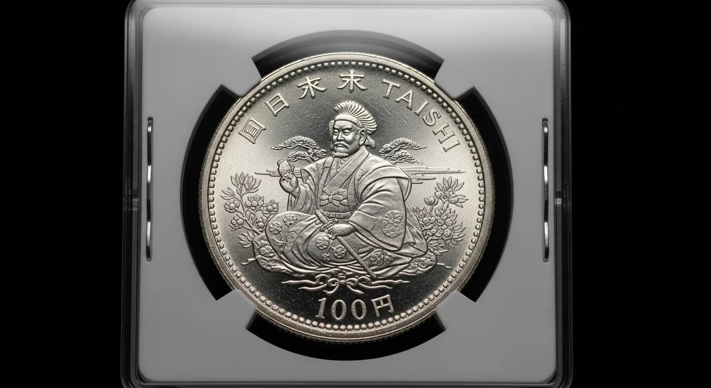 グレーディングホルダーに収められた未使用の聖徳太子100円銀貨。銀色の輝きが当時のままに保たれている