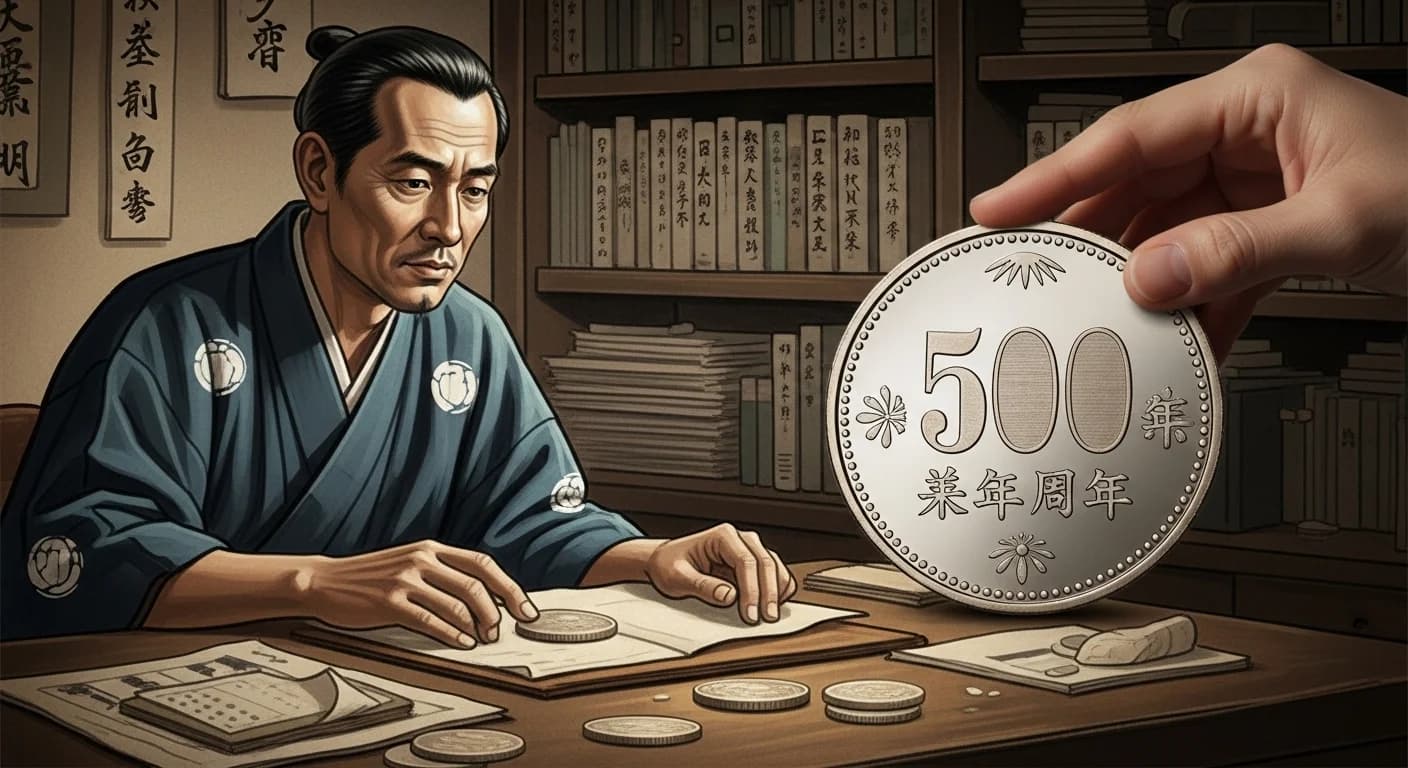 天皇在位60周年500円にまつわる歴史的場面（第1章）