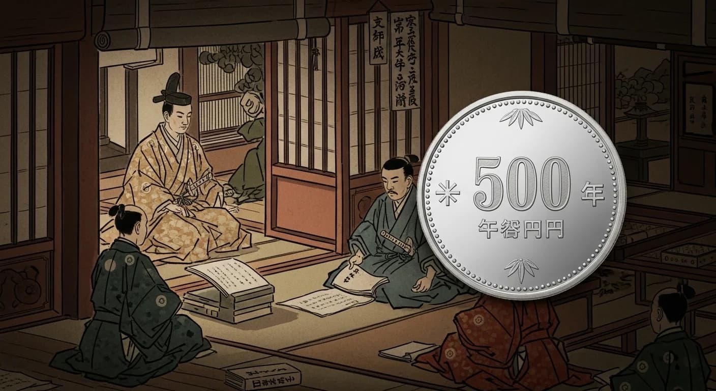 天皇在位60周年500円にまつわる歴史的場面（第4章）