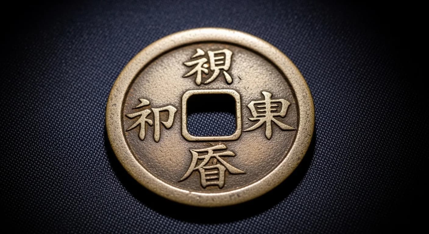 和同開珎の表面と裏面。方孔円形の銅銭で「和同開珎」の四文字が刻まれている